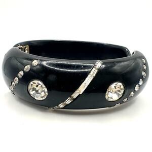 1940s vintage black lucite clear glass rhinestones clamper cuff bangle bracelet